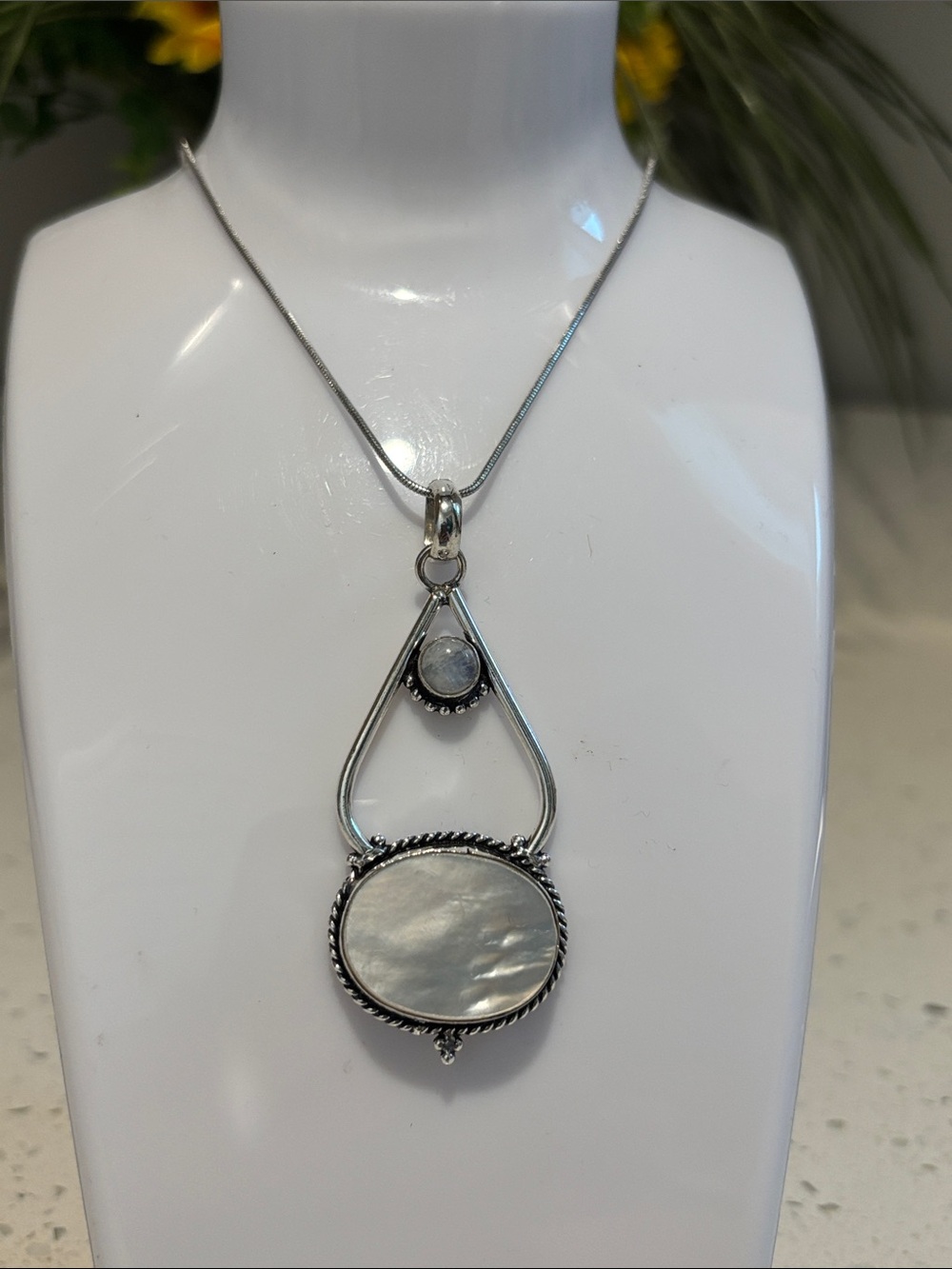 Sterling Silver White Mother-of-Pearl & Rainbow Moonstone Drop Necklace